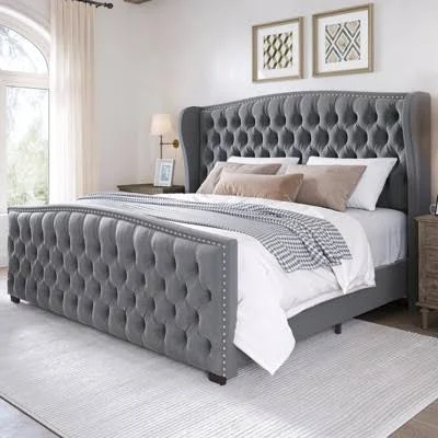 AMERLIFE King Size Platform Bed Frame Velvet Upholstered Bed with Deep Button Tu