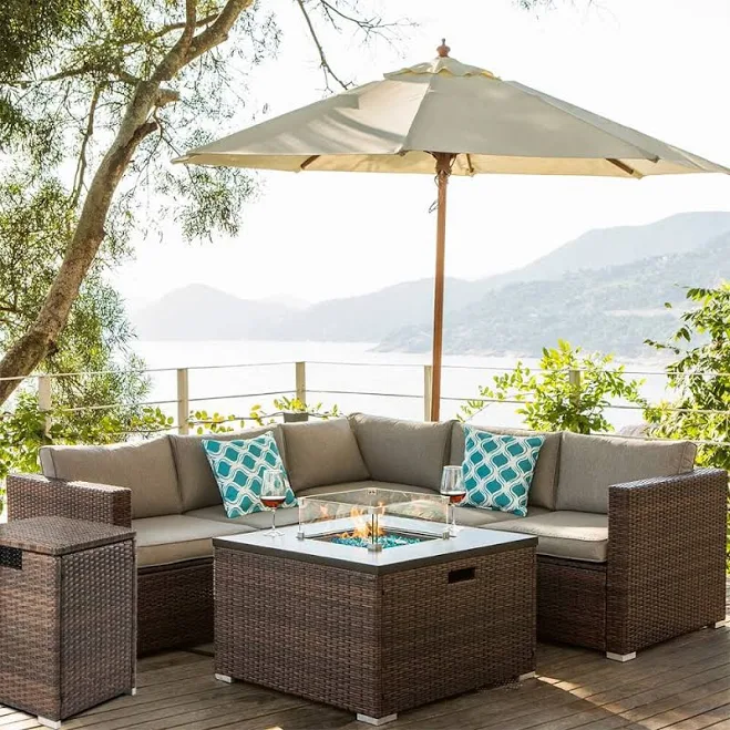 Baker 5 Piece L Shaped Outdoor Sectional with Square Fire Pit