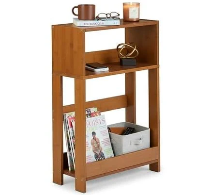 Bamboo Small Narrow Side Table, Skinny End Table for Small Space, Slim Nightstan