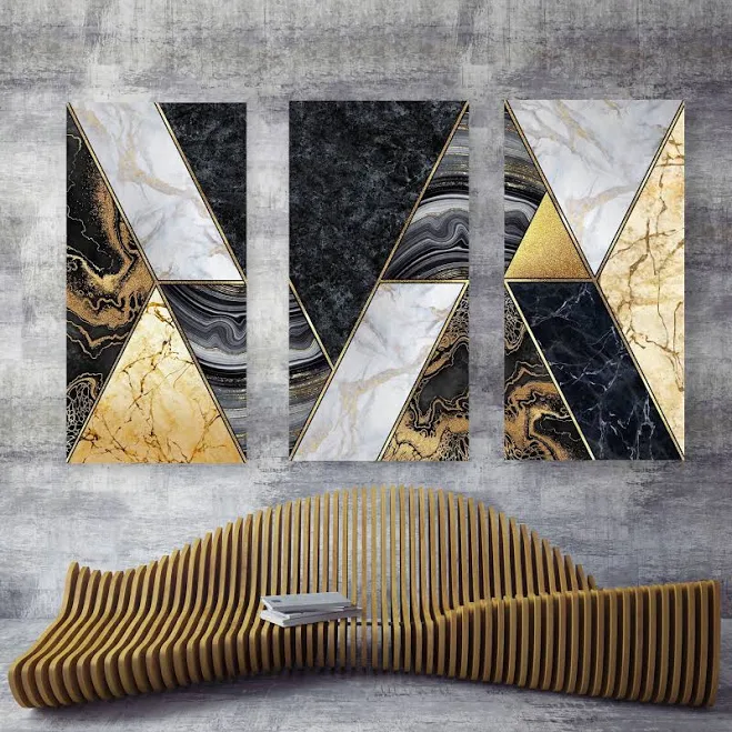 Black + Gold Geometric Art Canvas, Abstract Marble Modern Art Painting, Large Ga