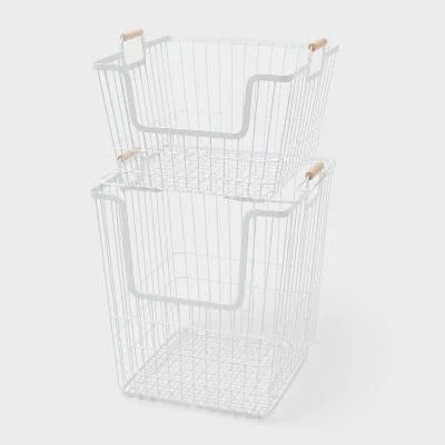 Brightroom Stacking Wire Laundry Baskets with Wooden Handles