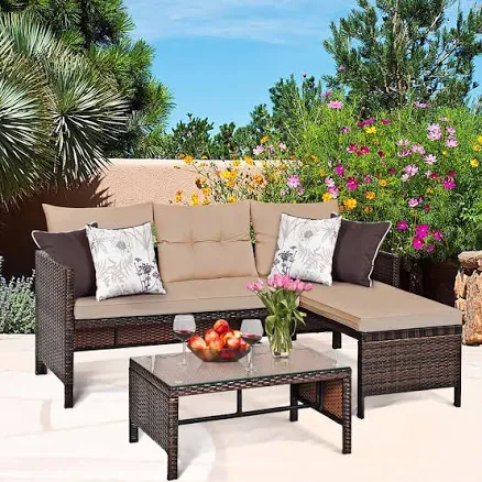 Costway 3PC Patio Sofa Set Outdoor Sectional Conversation Set Rattan Wicker Poly