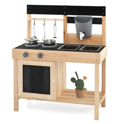 Costway Outdoor Kids Pretend Play Kitchen with 2 Removable Sinks-Natural
