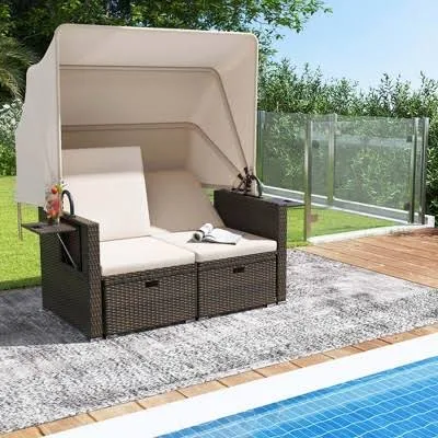Costway Outdoor Patio Rattan Daybed with Retractable Canopy and Adjustable Backr
