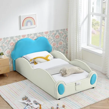 Cute Cloud Shape PU Leather Kids Bed With Guardrails, Safety Toddler Bed With Ca