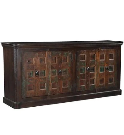 Dark Brown Carved Lattice 4-Door Sideboard Storage Cabinet
