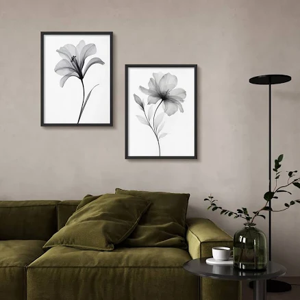 Delicate Botanical Flowers Framed Print Wall Art Set - 2-Piece Minimalist Monoch