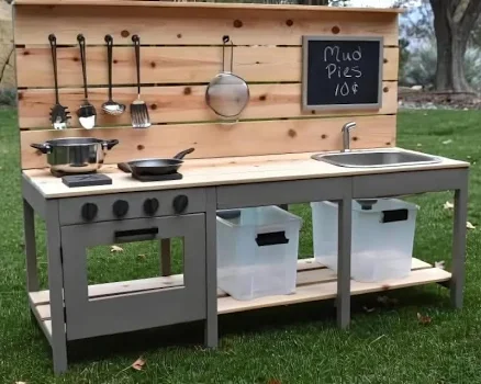 DIY Wooden Mud Kitchen - Outdoor Play Kitchen for Kids, Backyard Sensory Station
