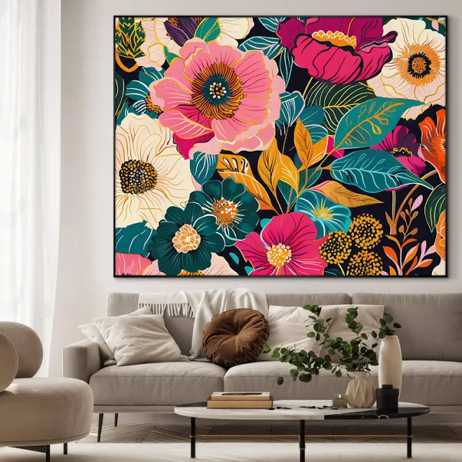 Extra Large Wall Art Fabric Print - Bold and Colorful Vibrant Floral Pattern Art