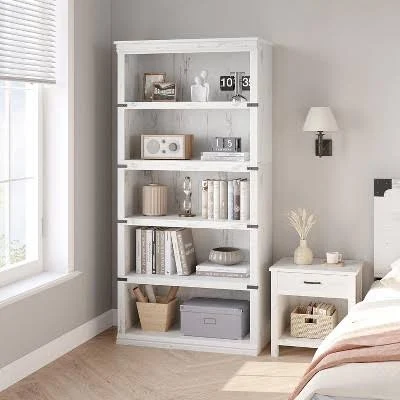 Farmhouse Bookshelf with Storage and Open Display Shelves