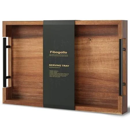 Fibogollo Acacia Wood Serving Tray with Metal Handles,15x10in Ottoman Decorative