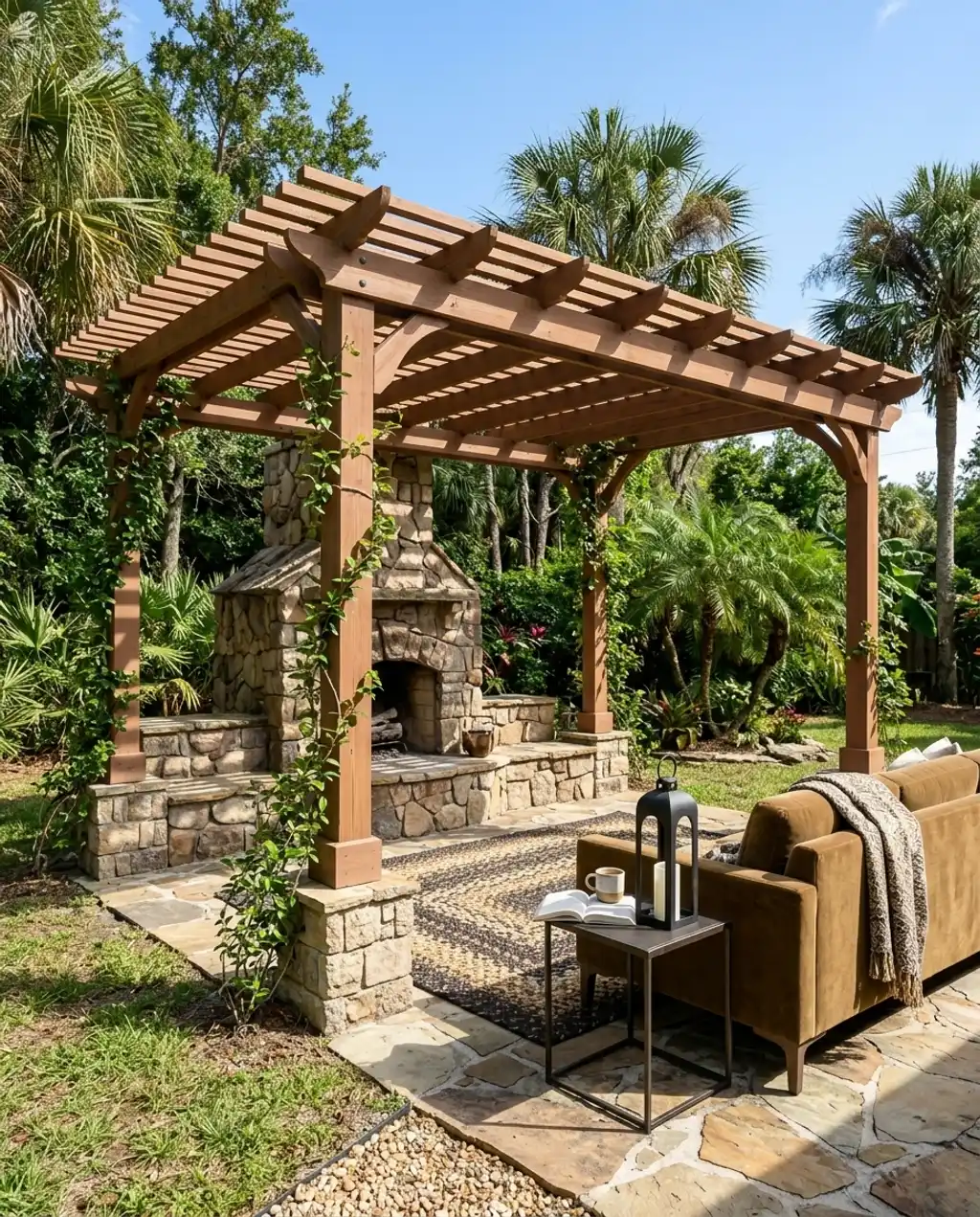 Rustic Stone Pergola Fireplace with Built-in Seating