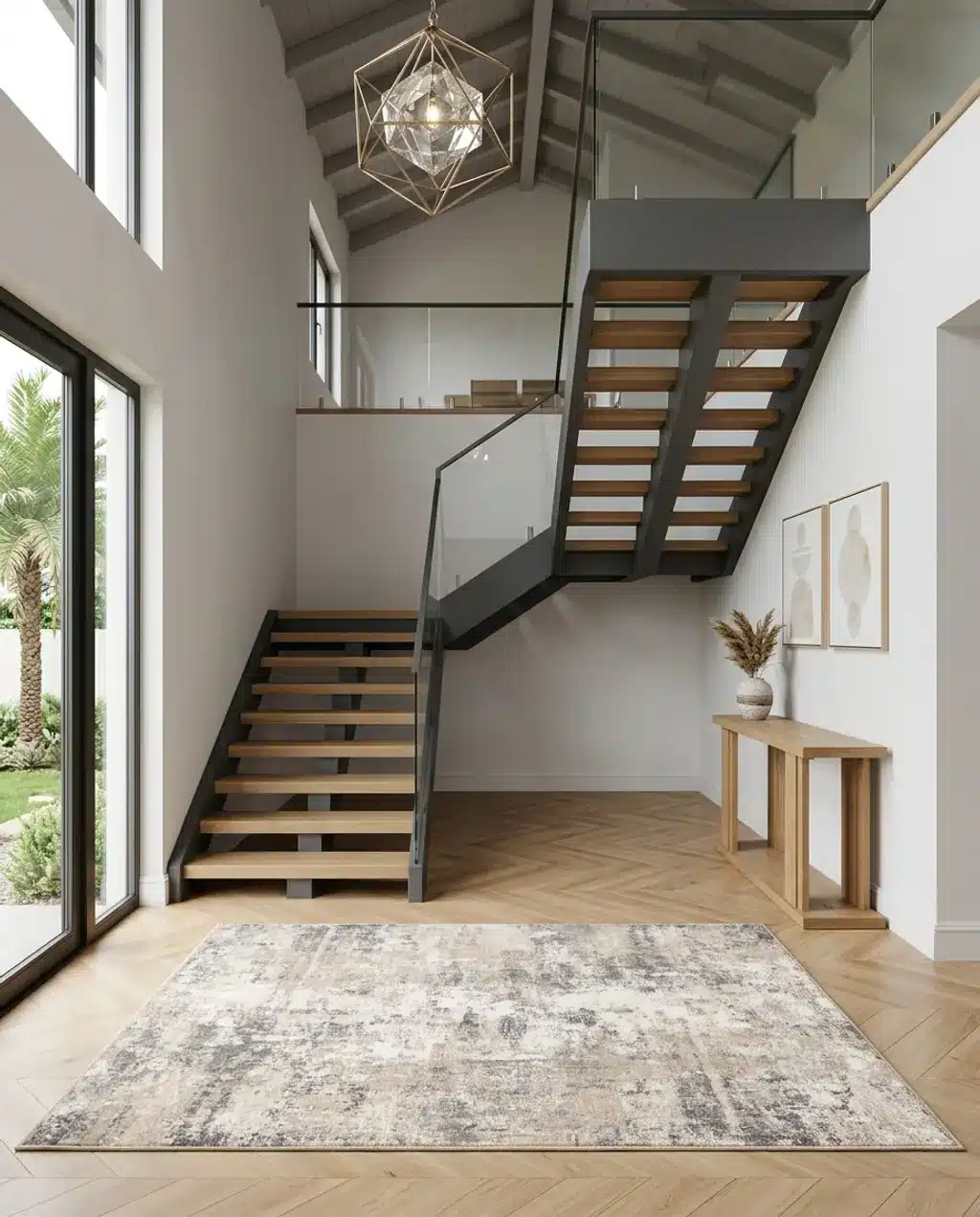 Grand Entryway with Modern Open Wood Staircase