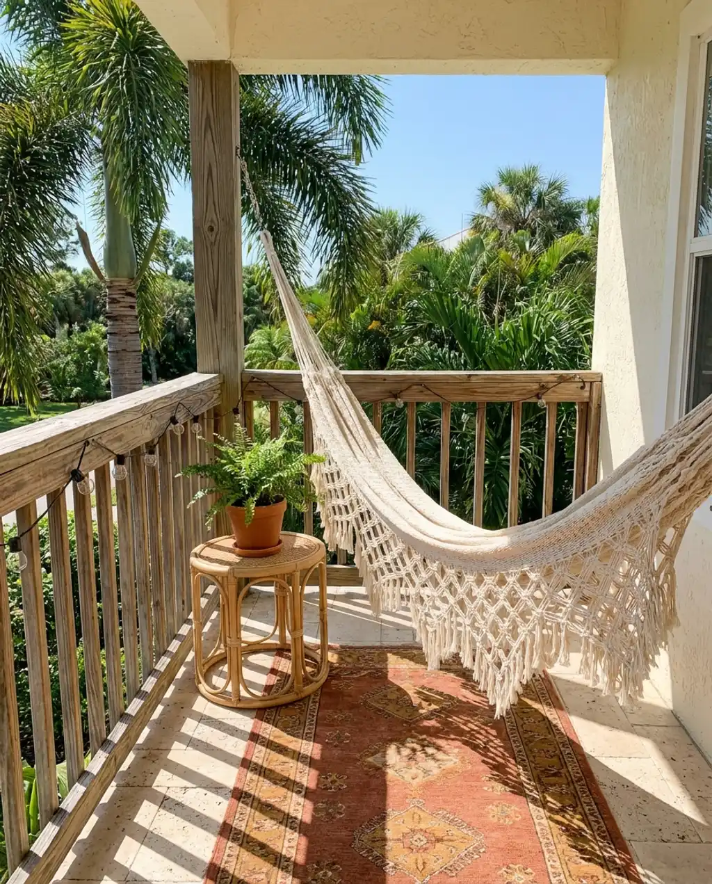 Cozy Bohemian Small Balcony with Macrame Hammock