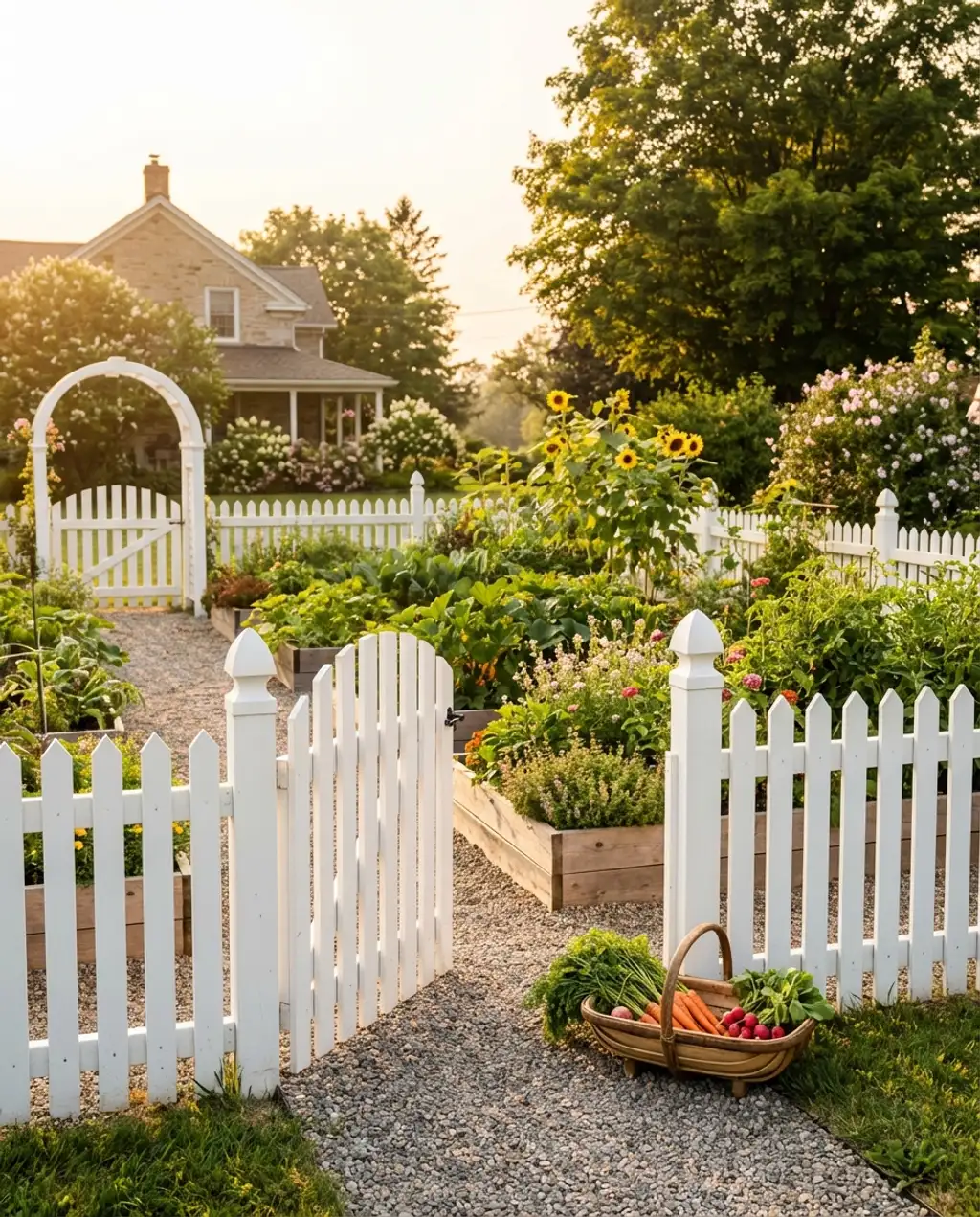 Fenced Cottage-Core Vegetable Garden with Arched Gate