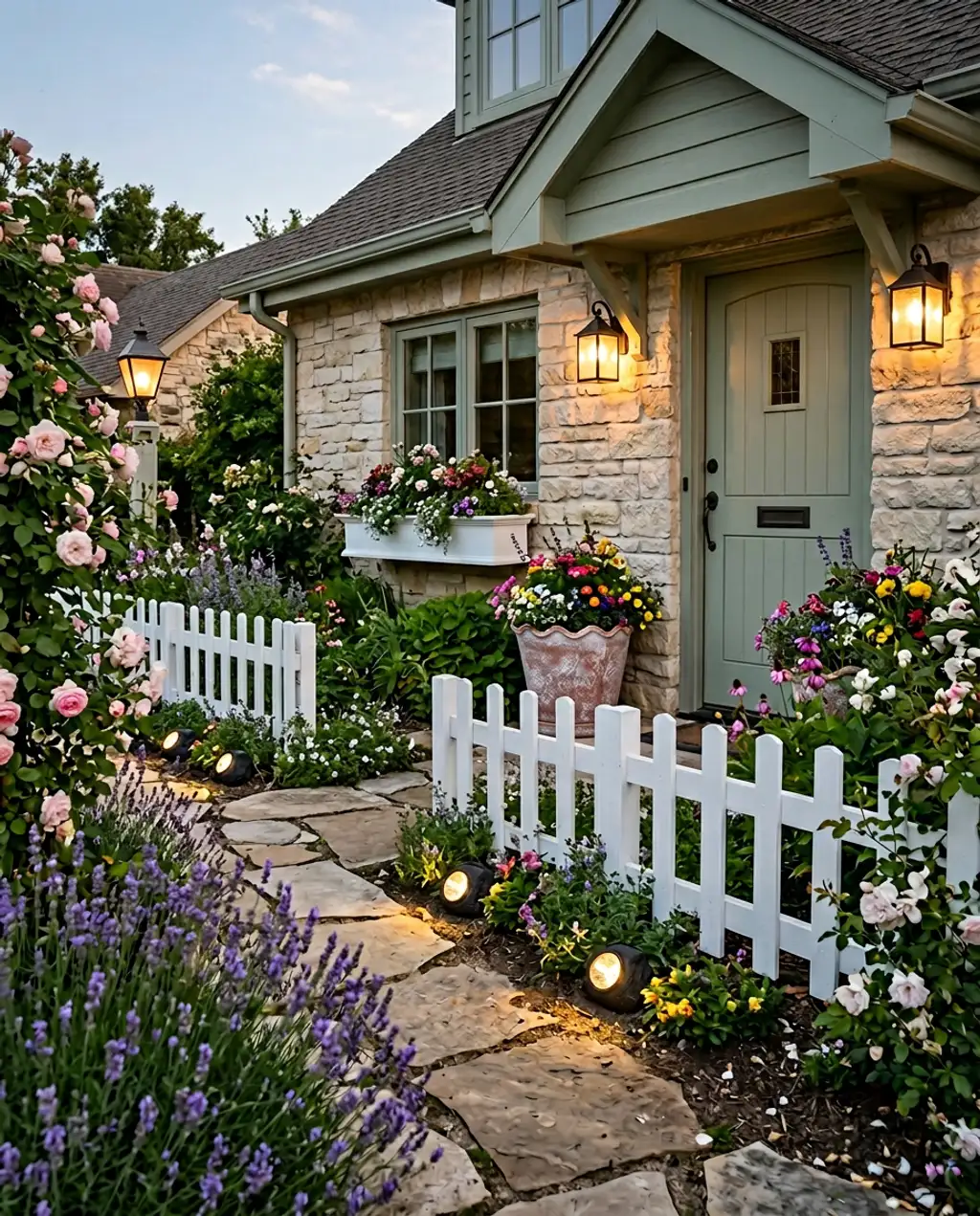 Welcoming Front Yard Cottage Garden with White Picket Fence