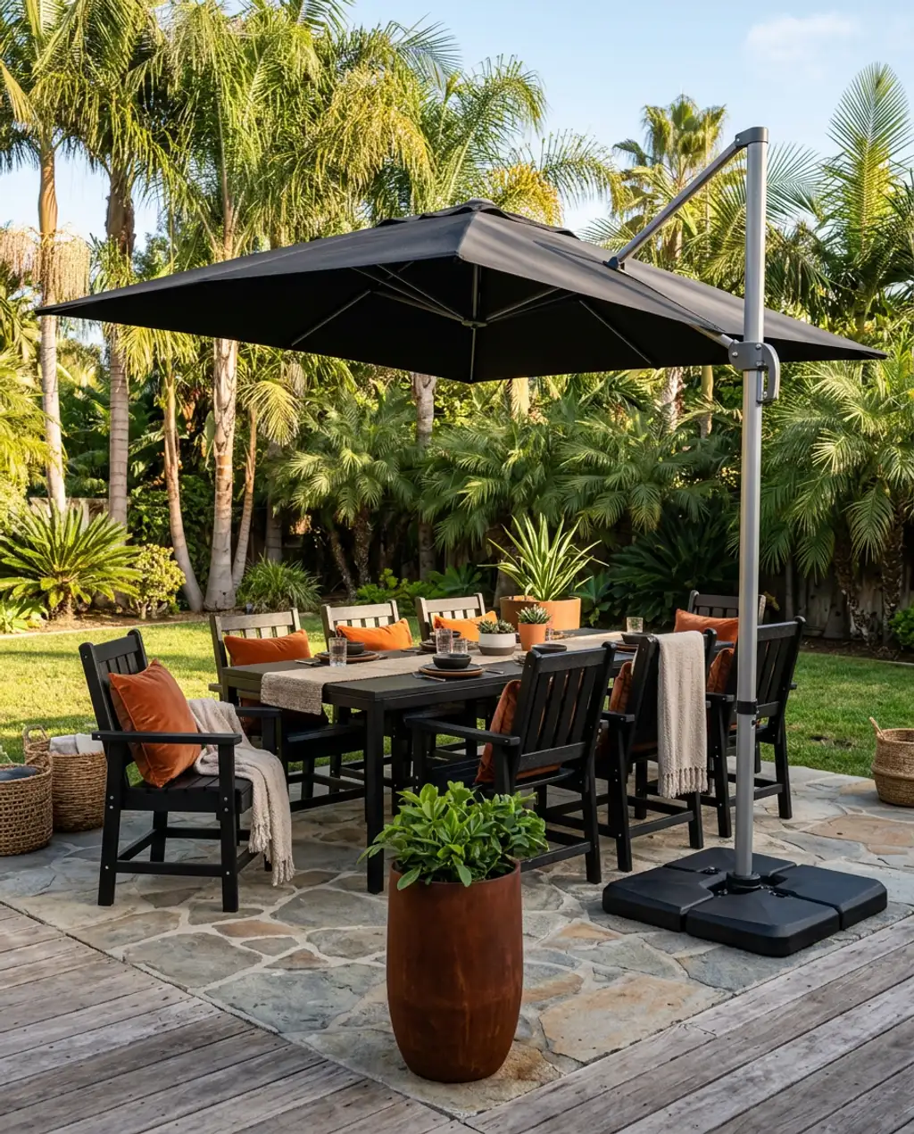 Sophisticated Black and Wood Patio Dining with Modern Umbrella