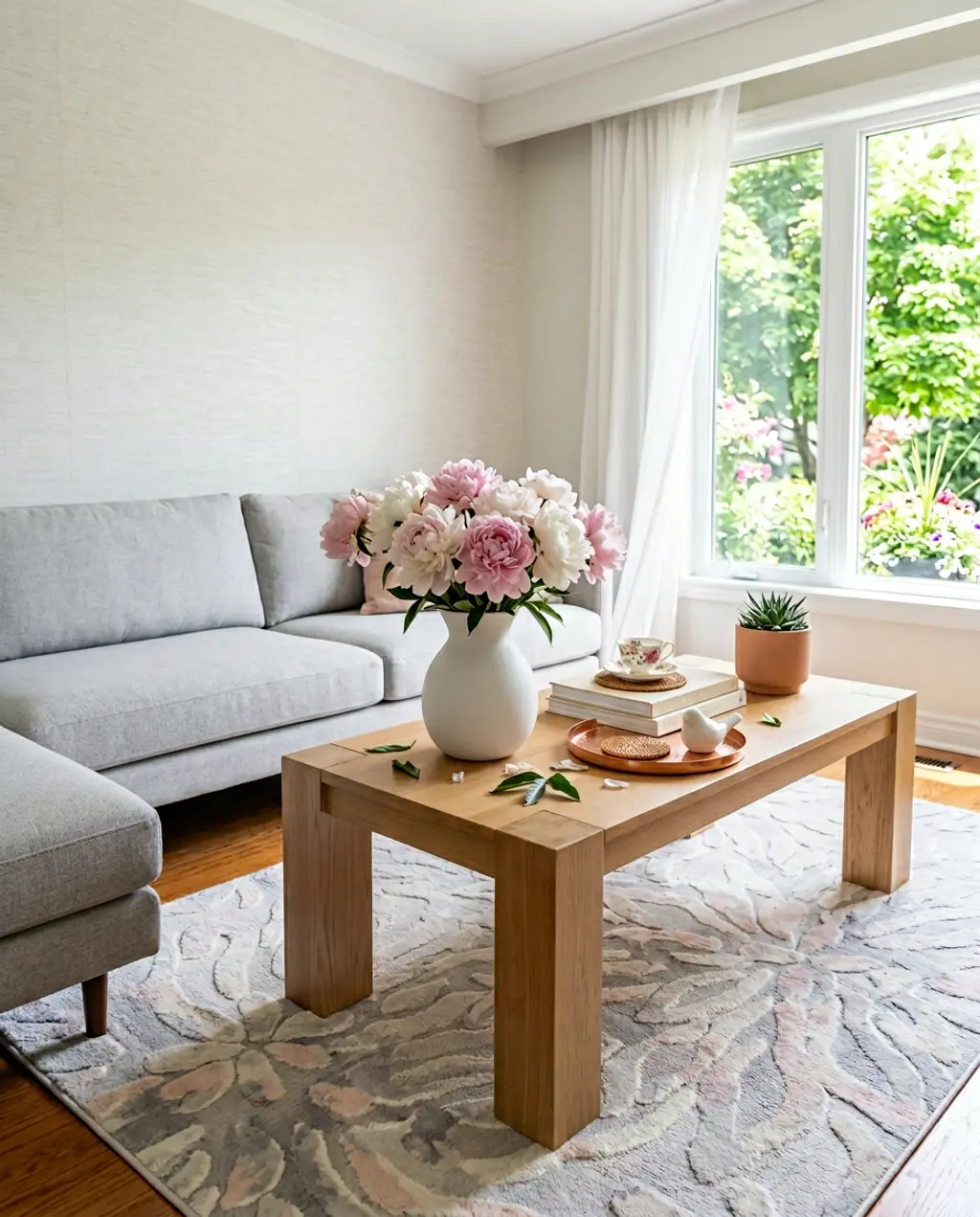 Cozy Spring Refresh with Gray Sofa and Pastel Accents