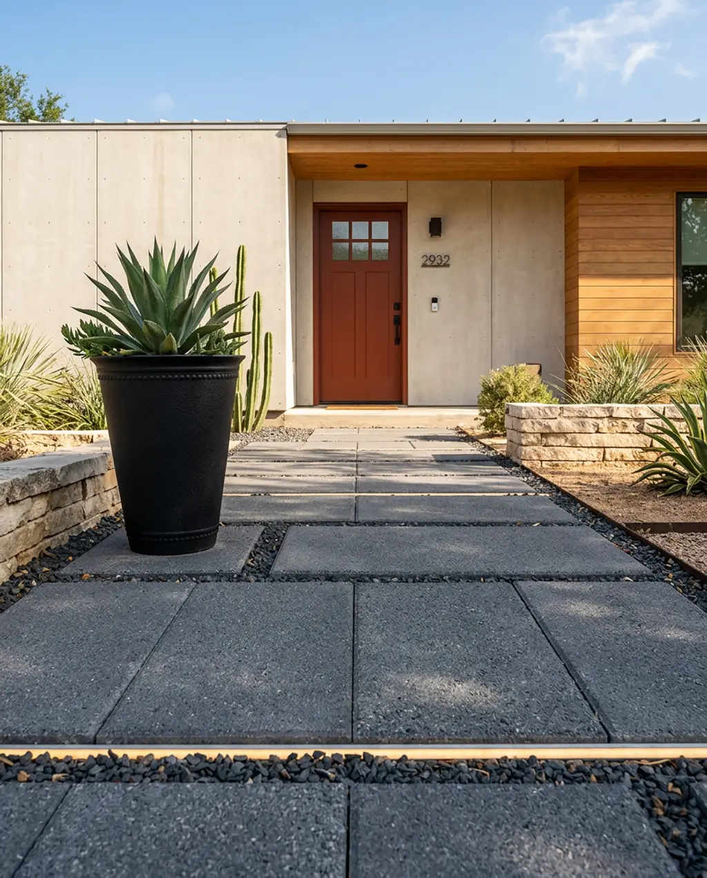 Modern Concrete Pavers with Dark Gravel Inlays for Front Entry