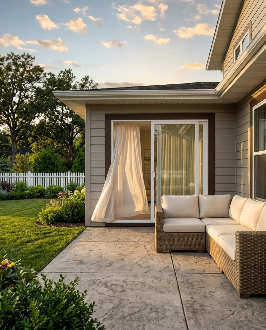 Coastal Living Room with White Sliding Patio Doors and Sheer Ripplefold Curtains