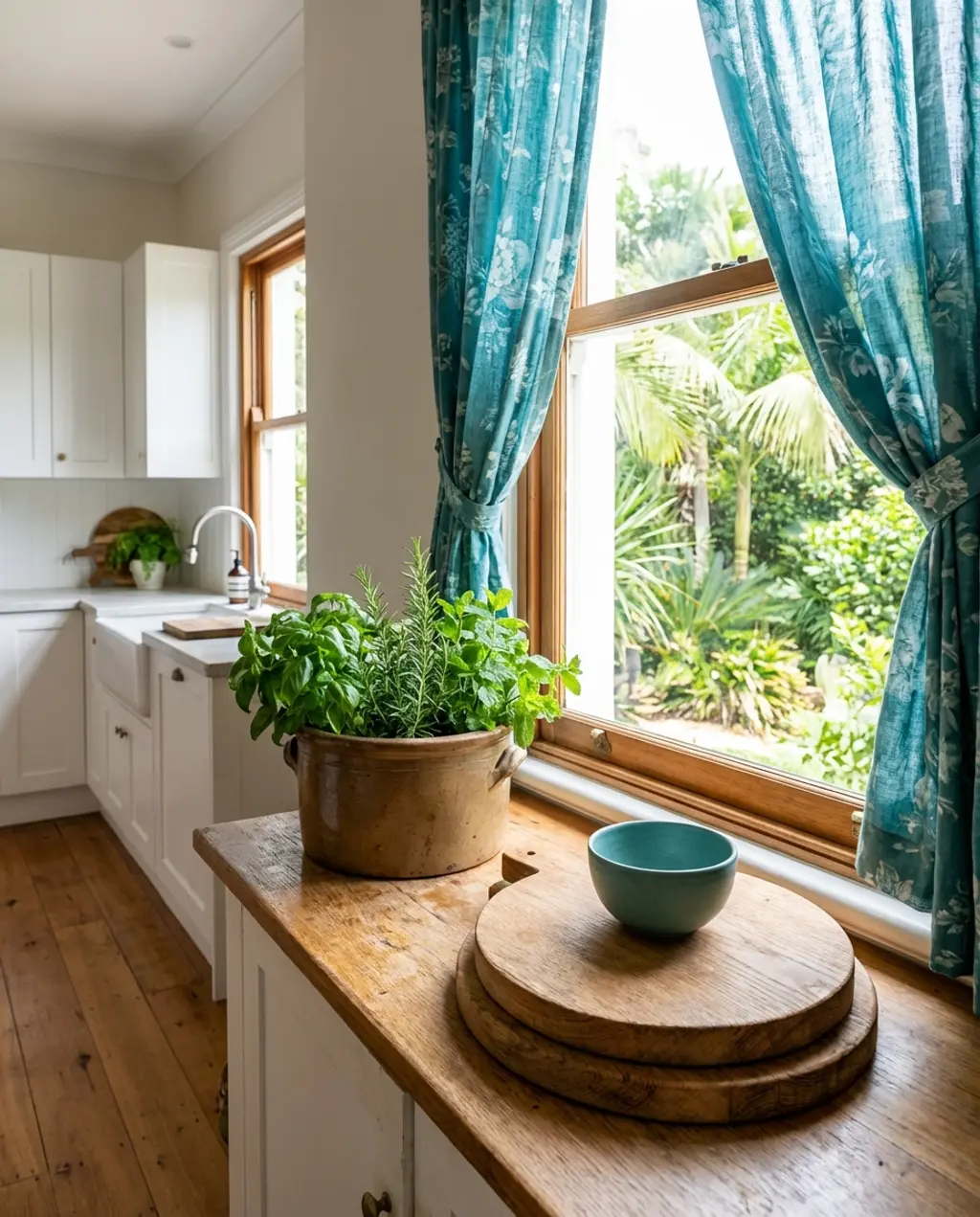 Sun-Kissed Spring Kitchen Window with Floral Curtains
