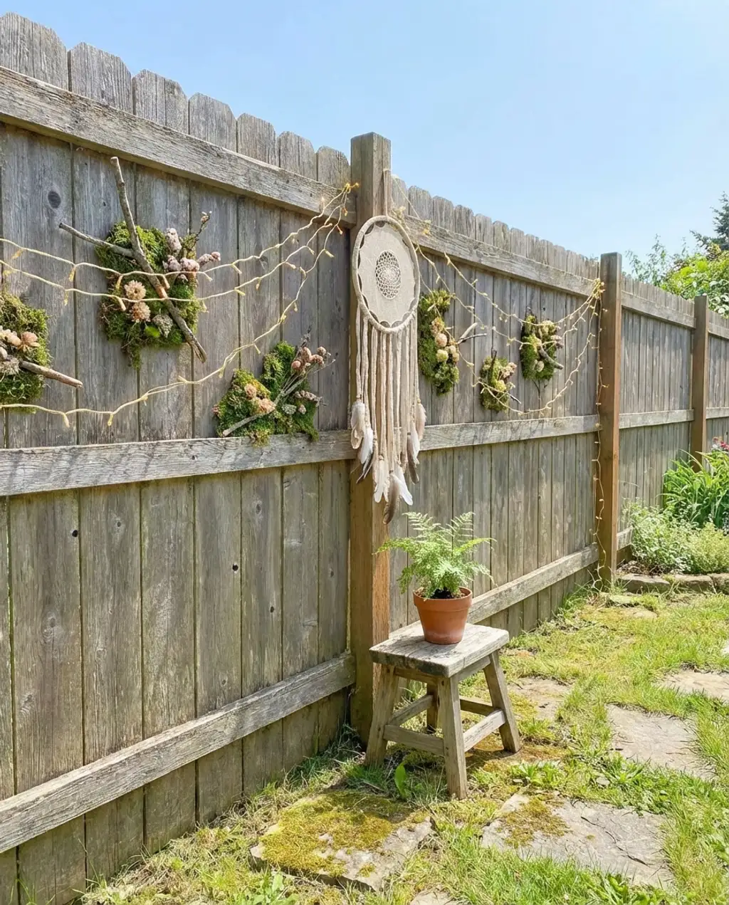 Whimsical Woodland Fence with Fairy Lights and Moss Art