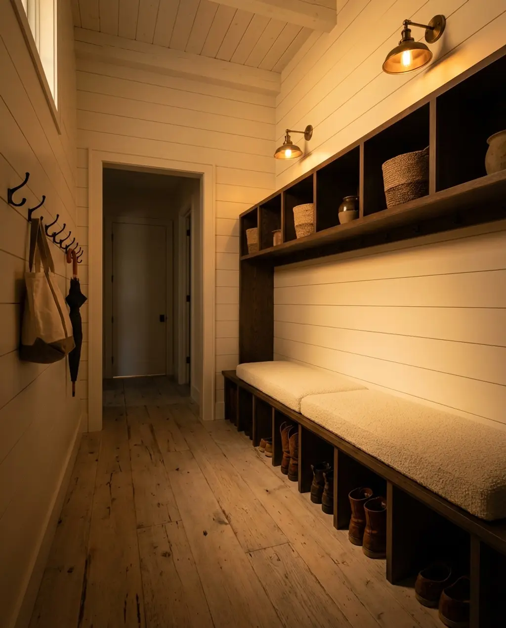 Modern Farmhouse Mudroom with Built-in Shiplap Bench