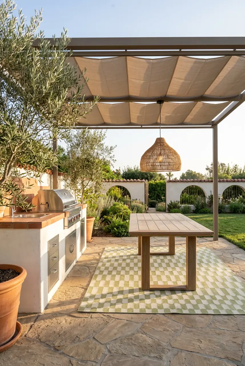 Modern Mediterranean BBQ Retreat with Pergola Roof