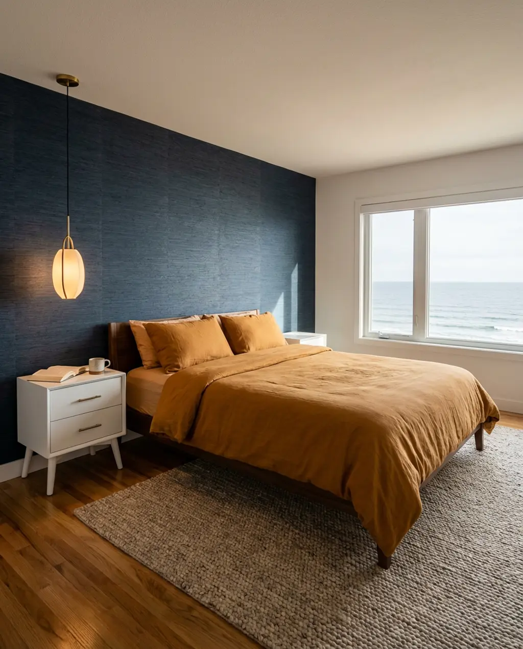 Cozy Modern Master Bedroom with Textured Accent Wallpaper