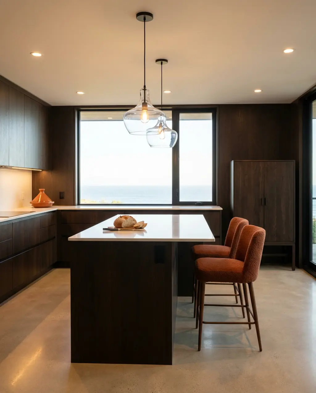 Modern Dark Wood Kitchen with White Quartz Countertops