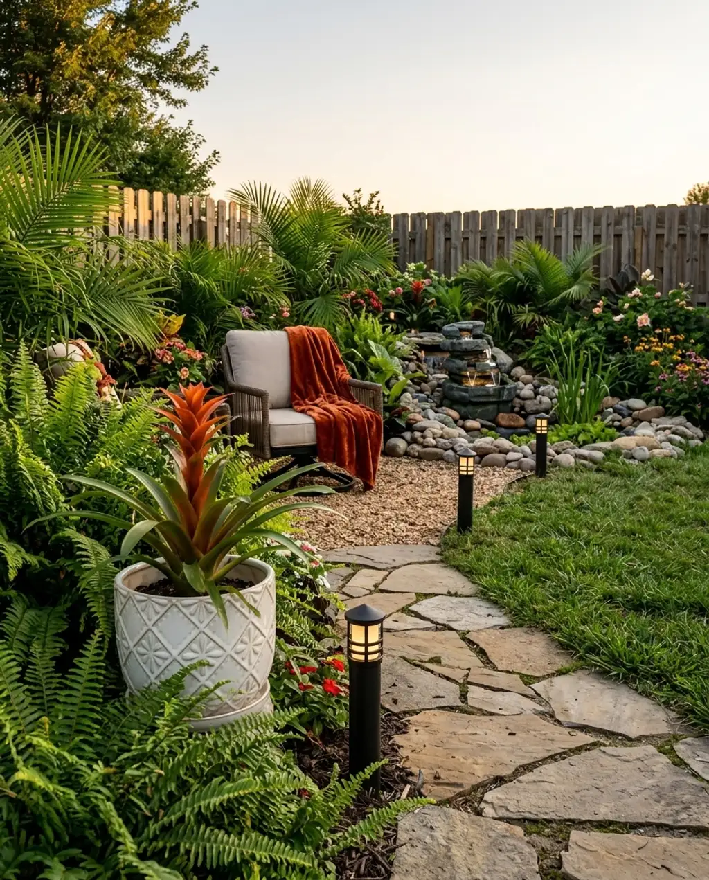 Multi-Level Garden Oasis with Waterfall Feature