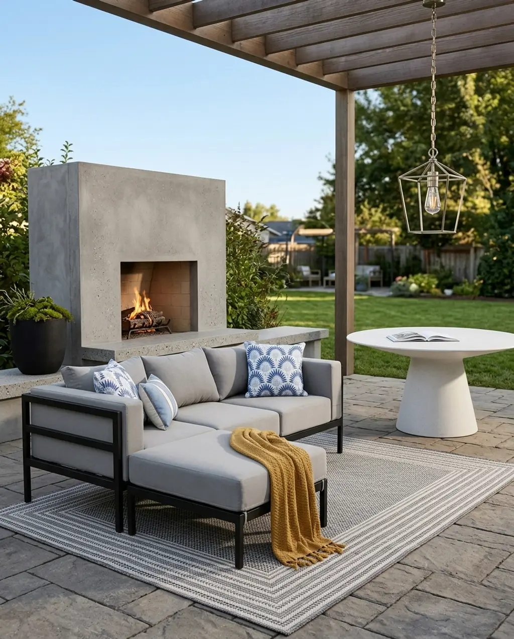 Contemporary Concrete Fireplace for Covered Patio