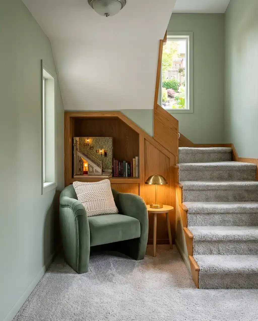 Cozy Carpeted Staircase with Under-Stair Reading Nook