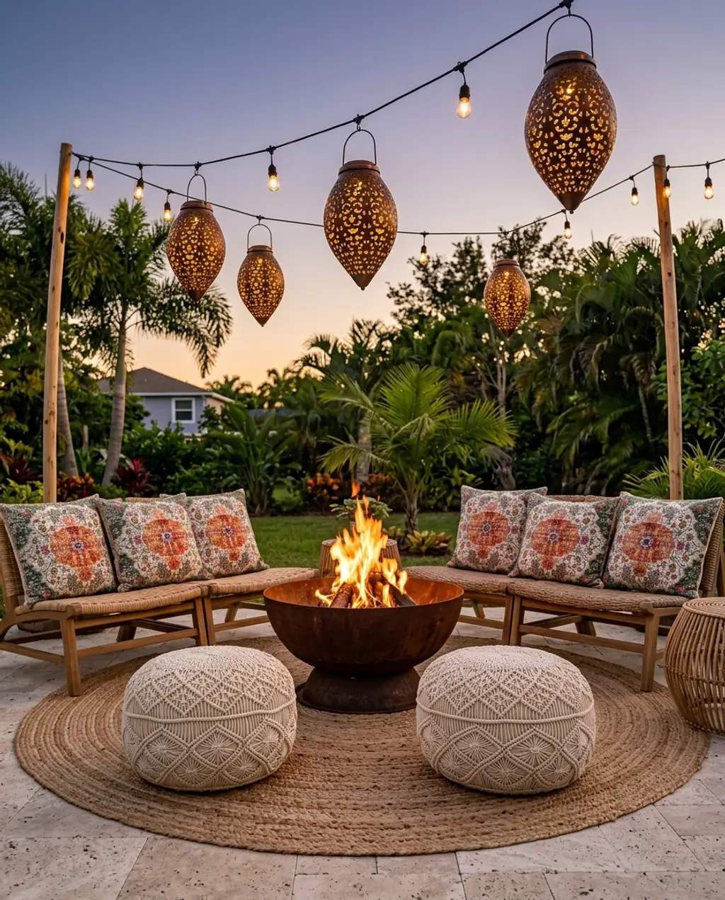 Boho Backyard Fire Pit Retreat with String Lights