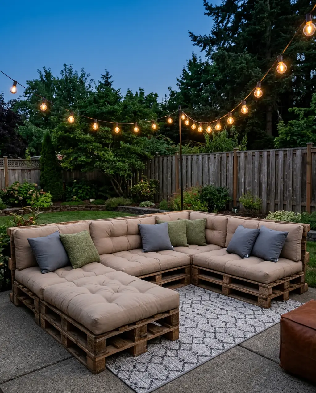DIY Pallet Seating Area with Cozy Gray Cushions and String Lights