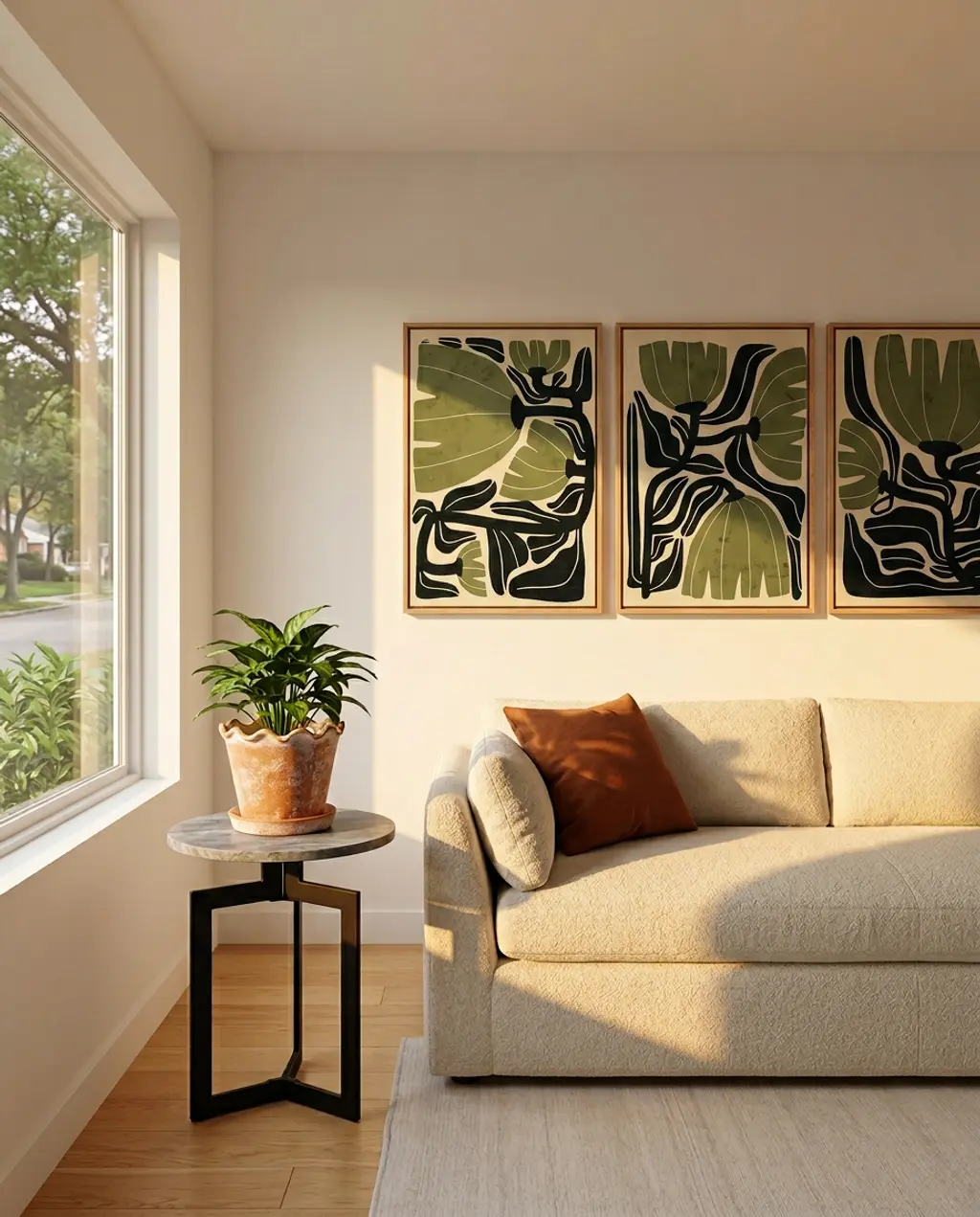 Modern Bloxburg-Inspired Spring Living Room with Bold Geometric Art