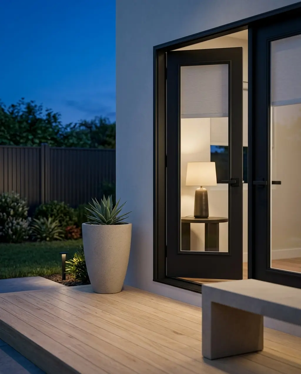 Modern Black French Patio Doors with Integrated Smart Blinds