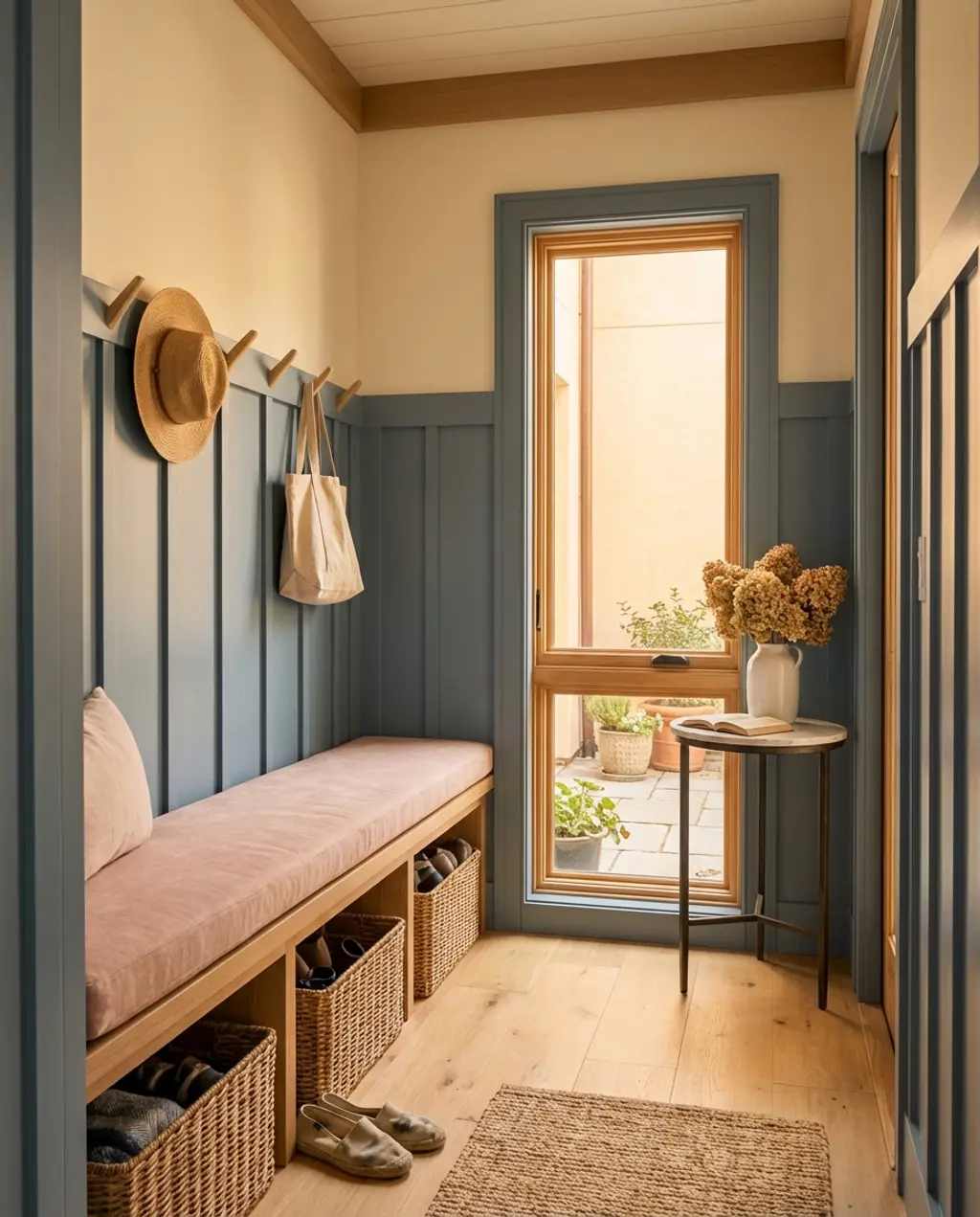 Coastal Mudroom Entryway with Board and Batten