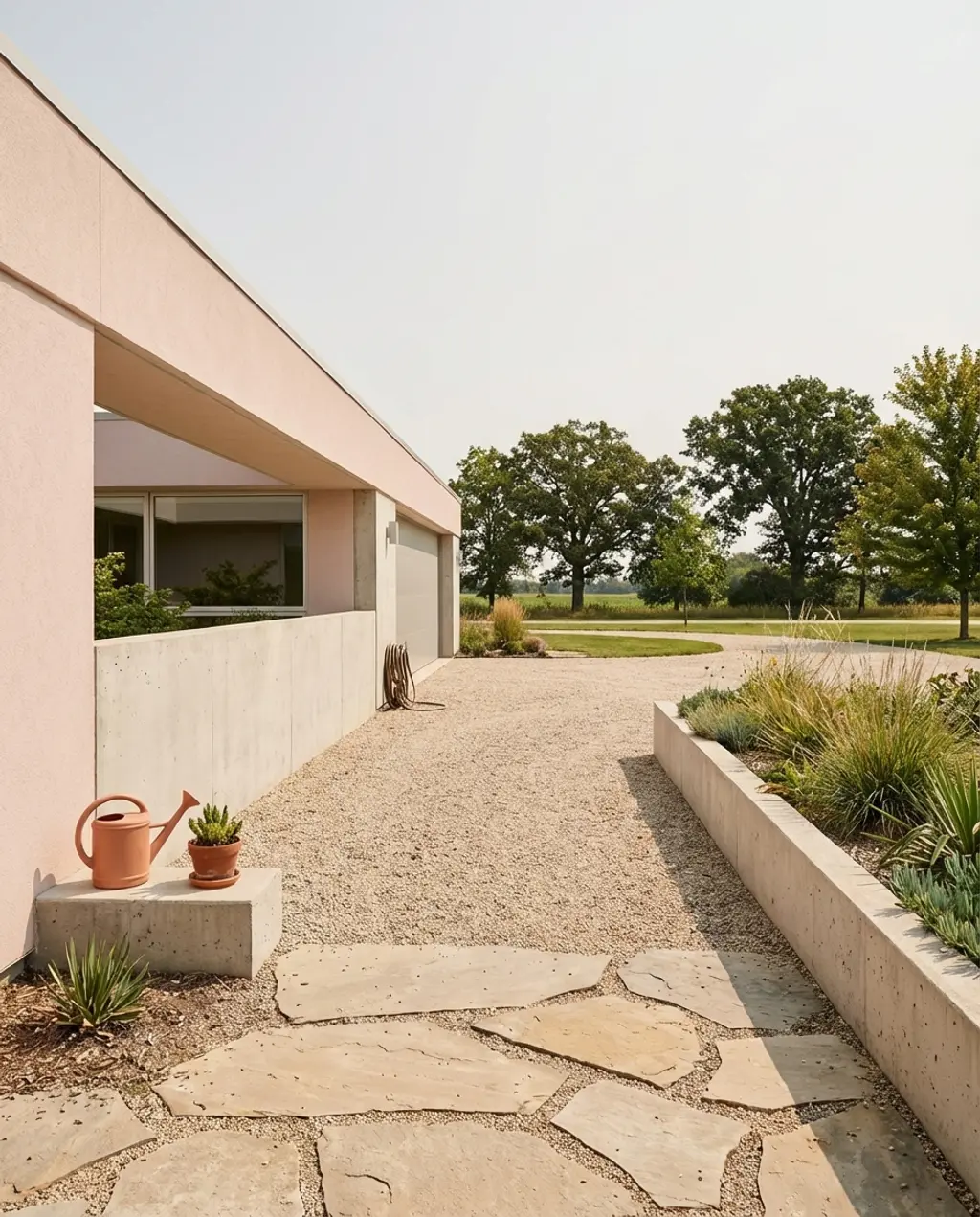 Mid-Century Modern Driveway with Crushed Gravel and Flagstone