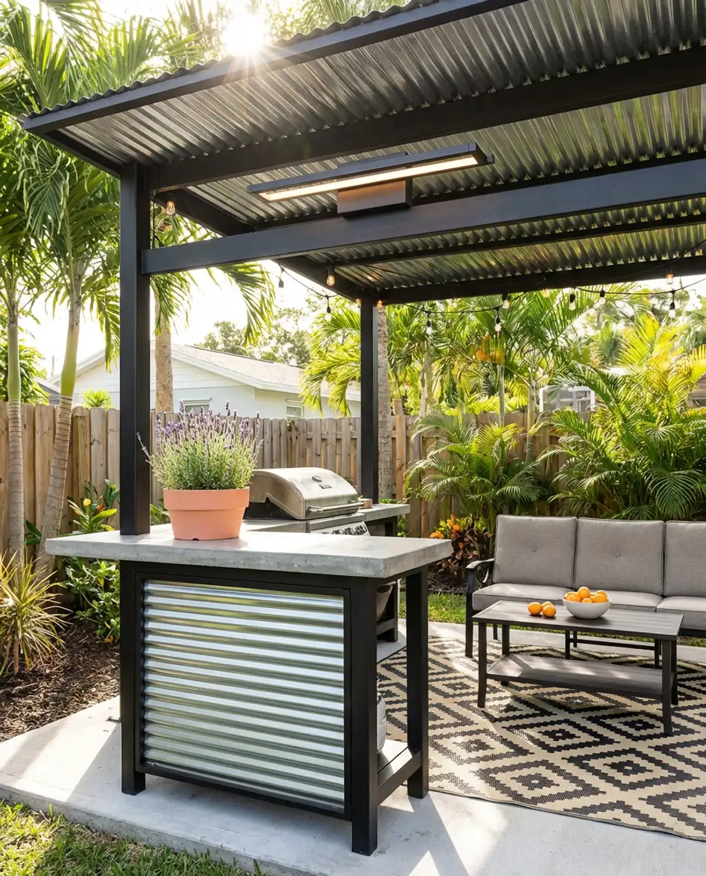 Compact Industrial BBQ Bar Under Metal Roof