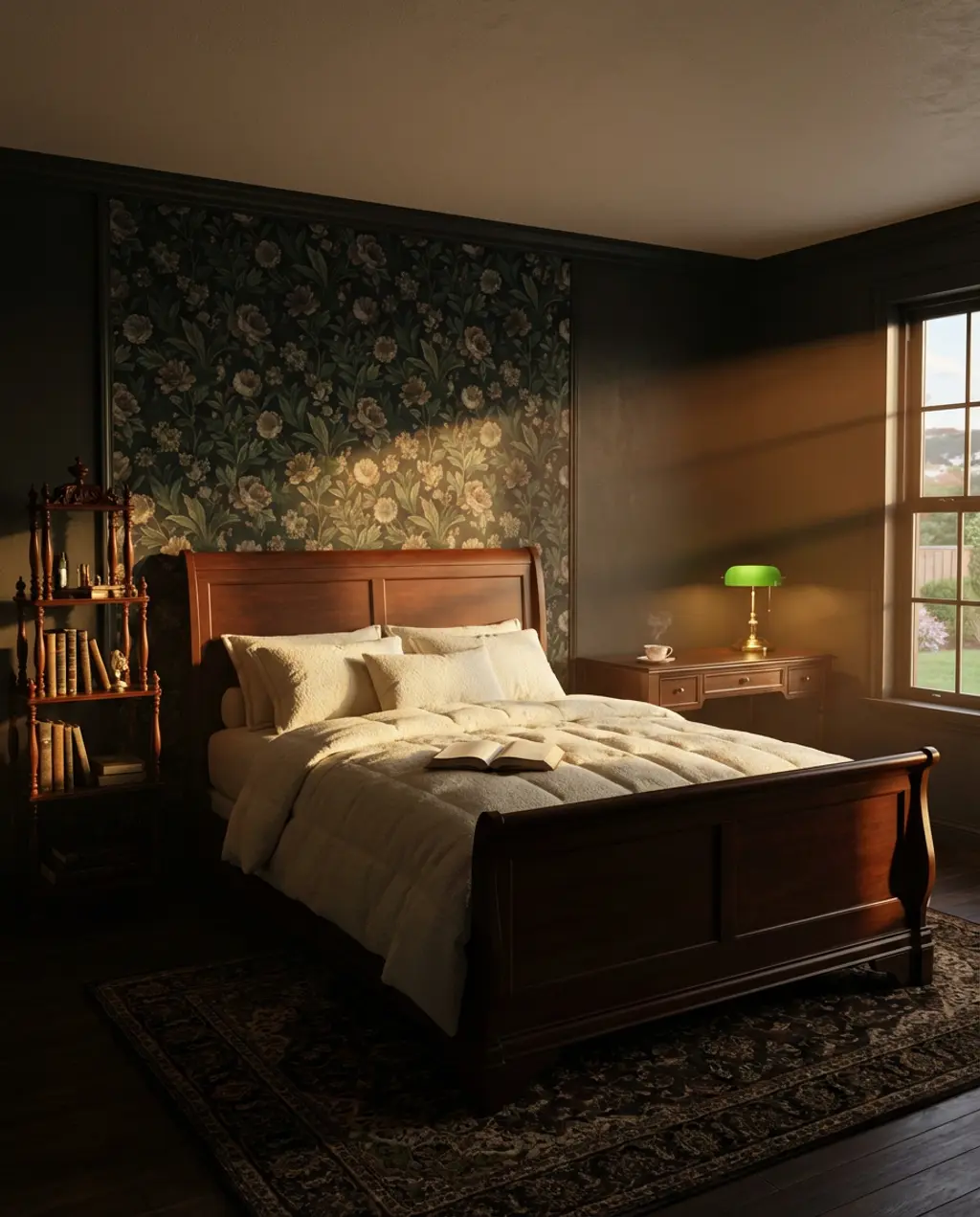 Moody Botanical Wallpaper in a Dark Academia Bedroom