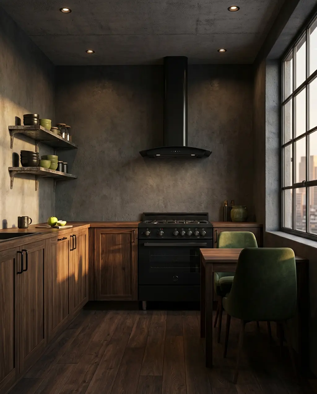 Black and Dark Wood Kitchen with Industrial Accents