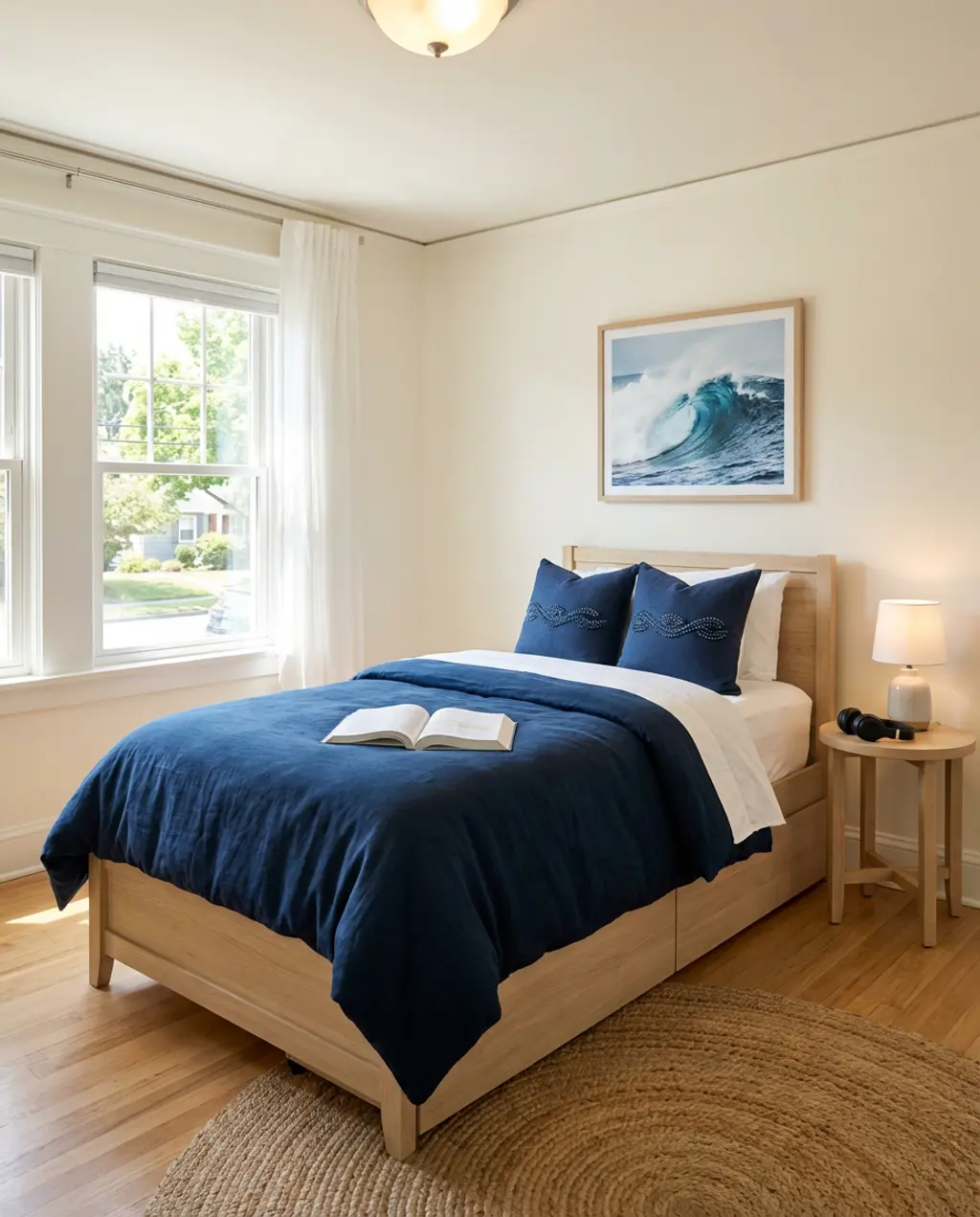 Coastal Vibe Dorm Room with Blue Accents