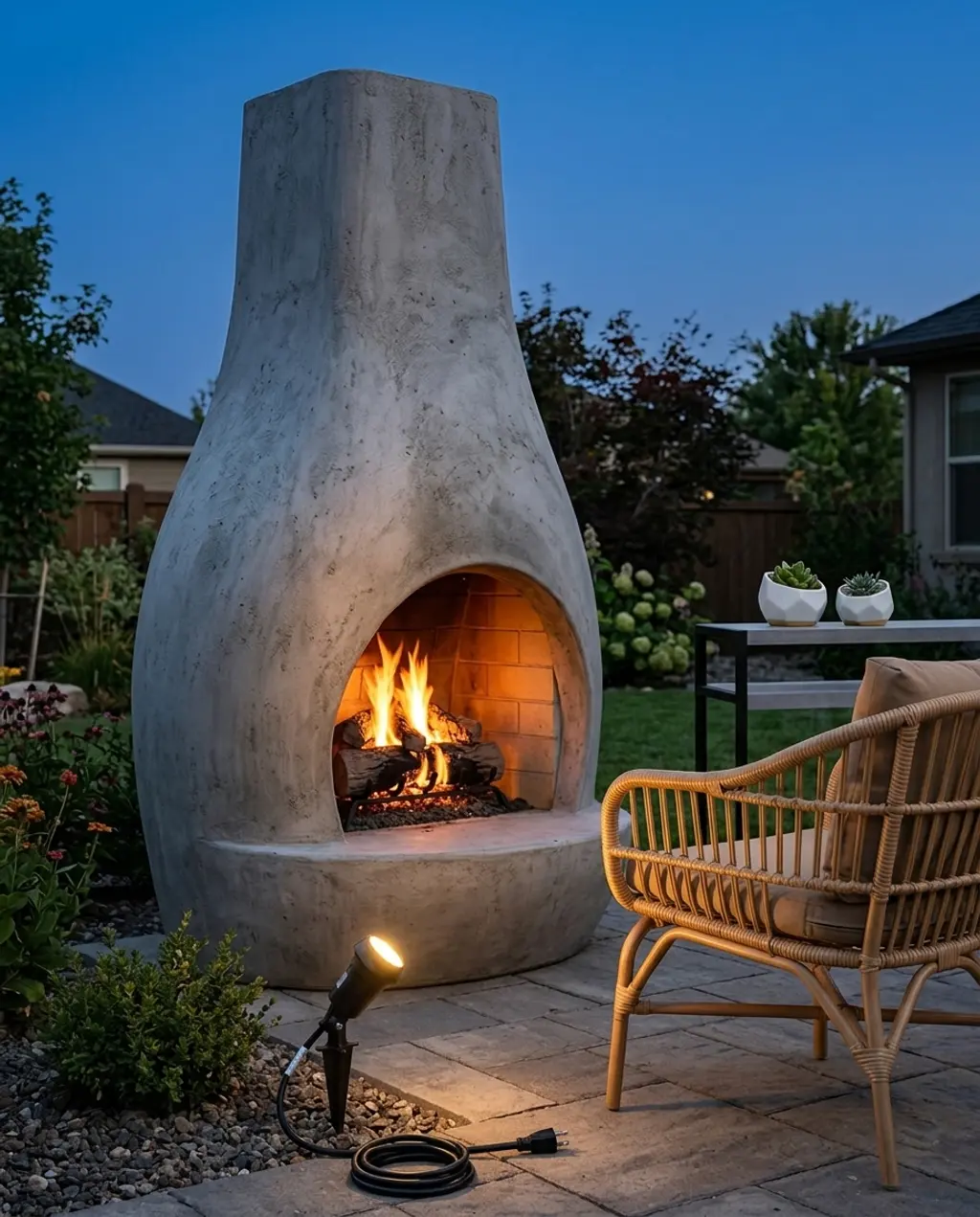 Contemporary Patio with Sculptural Concrete Fireplace
