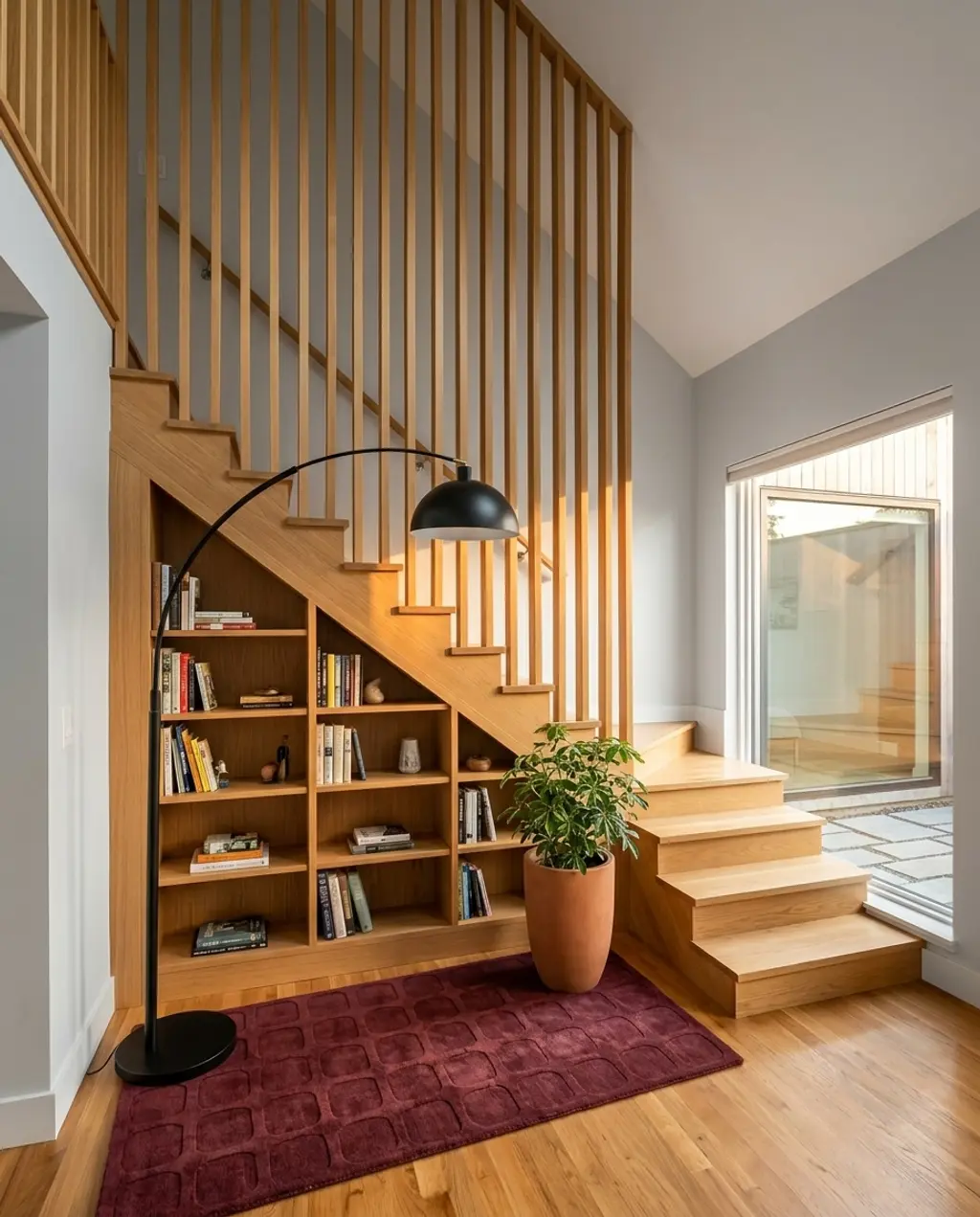 Modern Open Staircase with Wood Slats and Integrated Bookcase