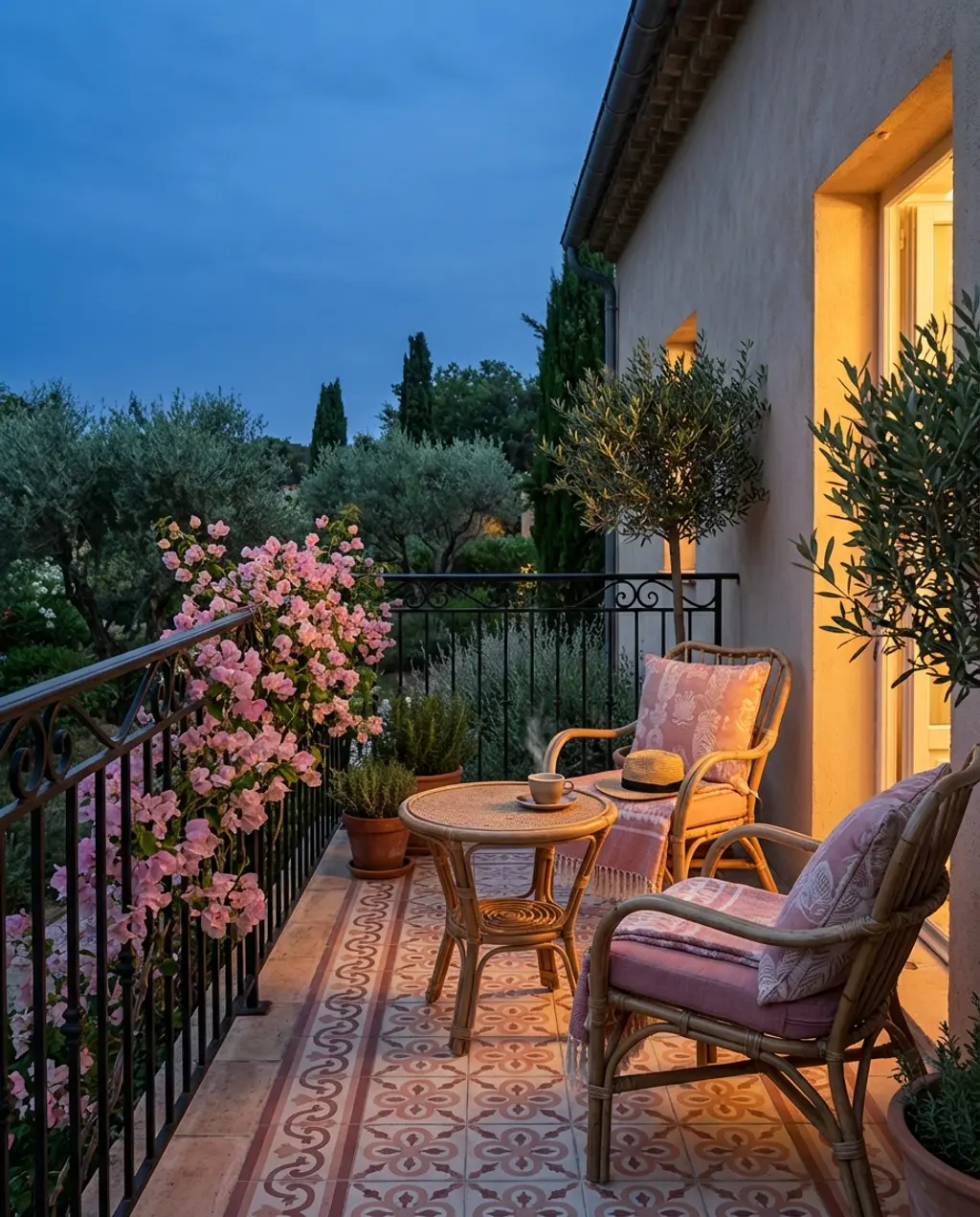 Mediterranean Style Balcony with Tiled Floor and Colorful Textiles