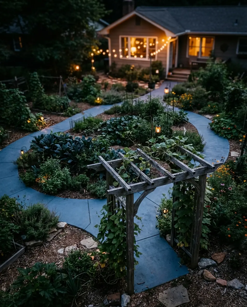 Backyard Edible Landscape with Winding Paths and Arbors