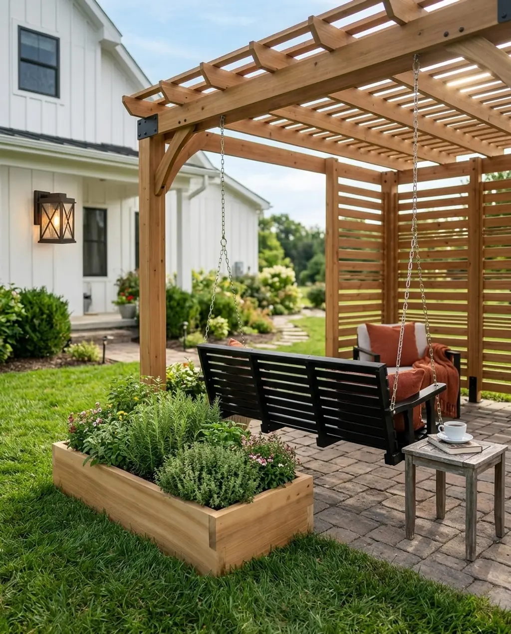 Cedar Pergola with Integrated Privacy Screens and Planters
