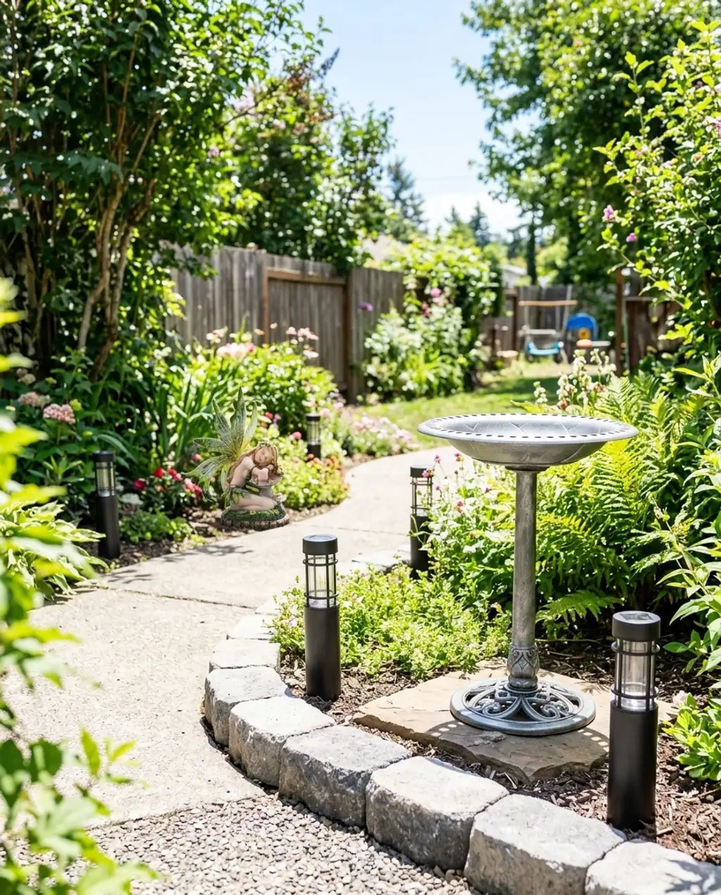 Curved Concrete and Gravel Walkway for a Lush Garden Entrance