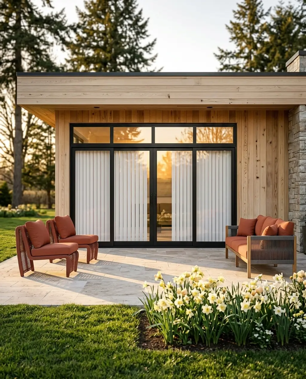 Living Room with Multi-Panel Sliding Patio Doors and Vertical Blinds